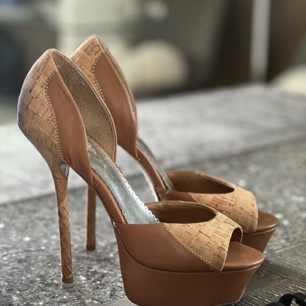 Bebe Brown and Wooden Printed Platform Stiletto Heels